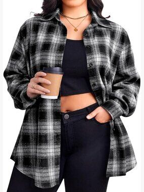 Plus Size Flannel Shirt Long Sleeve Button Down Casual Shacket